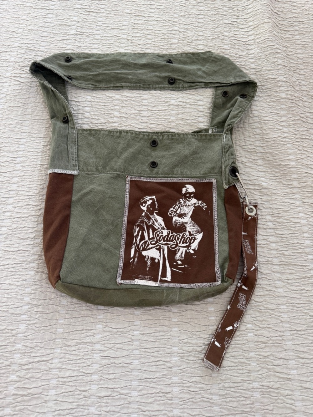 Green and Brown Canvas Shoulder Bag with Graphic Front patch